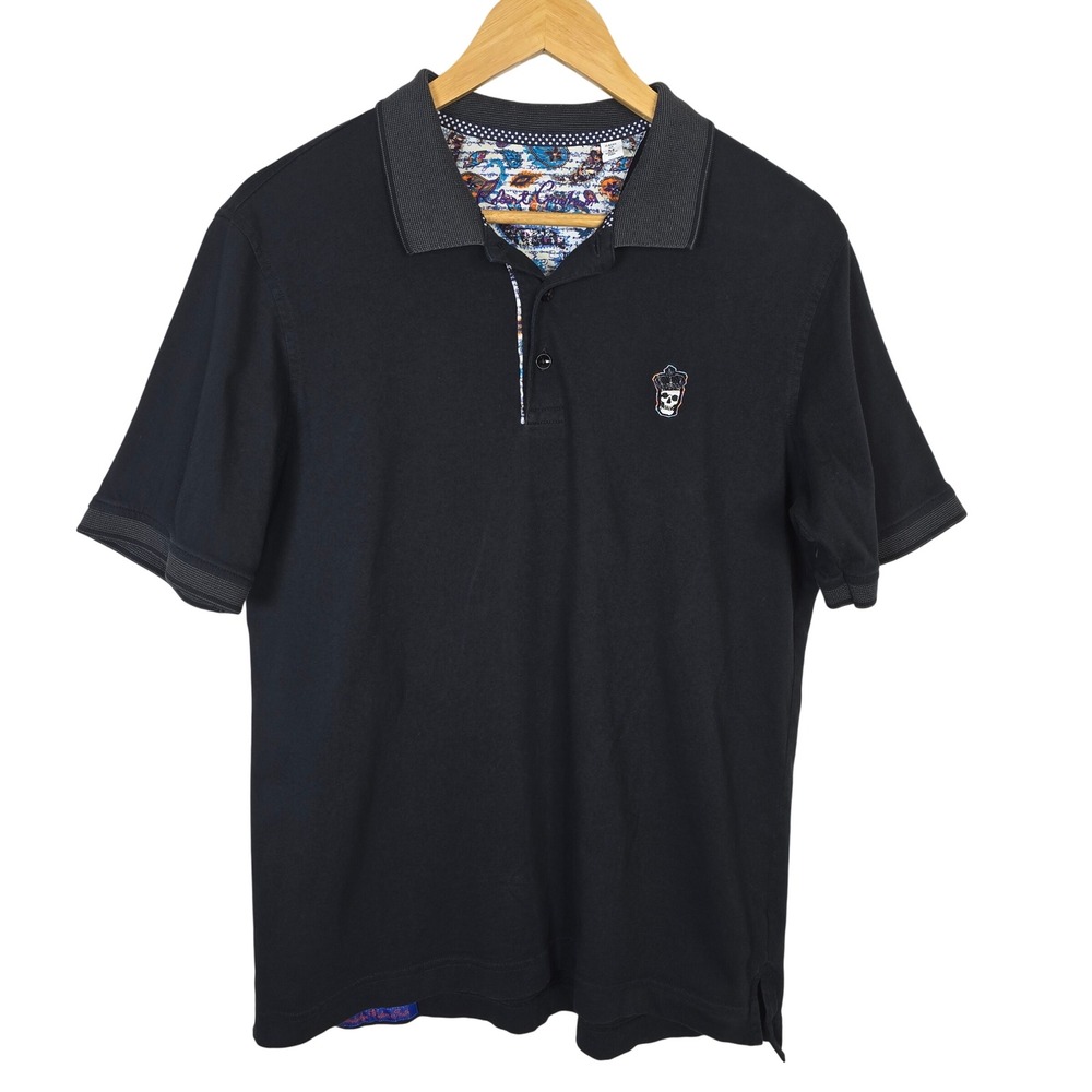 Robert Graham Mens Black Classic Fit Skull Logo Paisley Trim Cotton Polo Shirt M